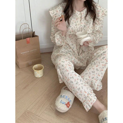 Floral Print Women Pajama Suit Fashion Ruffles Sleepwear Autumn Long Sleeve Sets for Women 2 Pieces Korean Piiama Pants 2023 New - GOMARRD