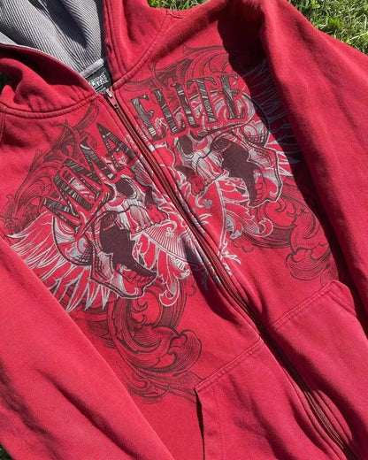 2000s New Cotton Red Couple Zipper Hoodies Vintage Elite Full Zip Hoodie Sweatshirt Size Skull Snake Red Y2K Sweatshirts - GOMARRD