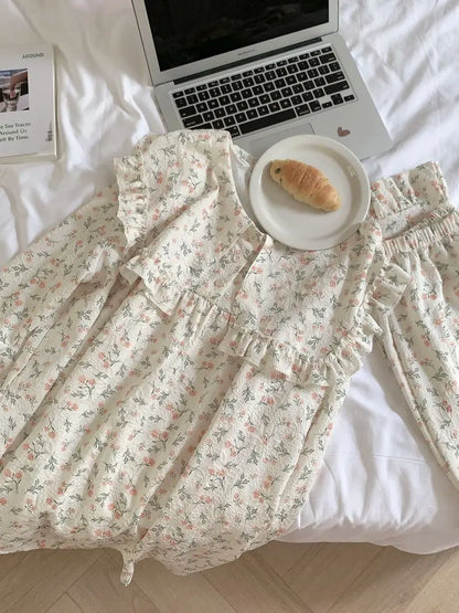 Floral Print Women Pajama Suit Fashion Ruffles Sleepwear Autumn Long Sleeve Sets for Women 2 Pieces Korean Piiama Pants 2023 New - GOMARRD