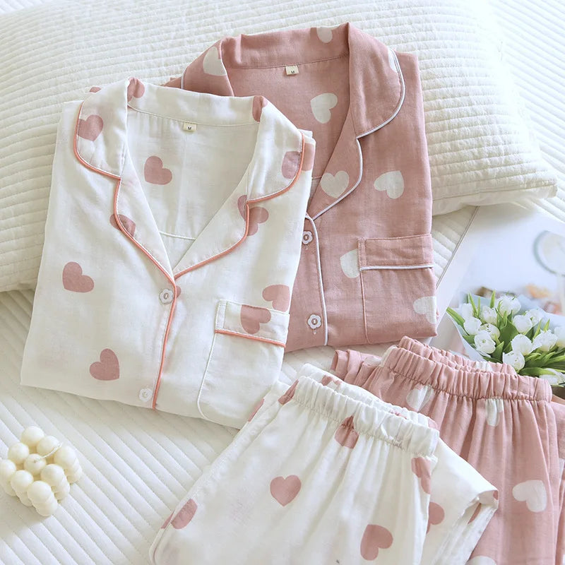 New Spring and Autumn Pajama Set Women's 100% Cotton Long Sleeve Pants Two Piece Love Lovely Sweet Home Furnishing Set - GOMARRD