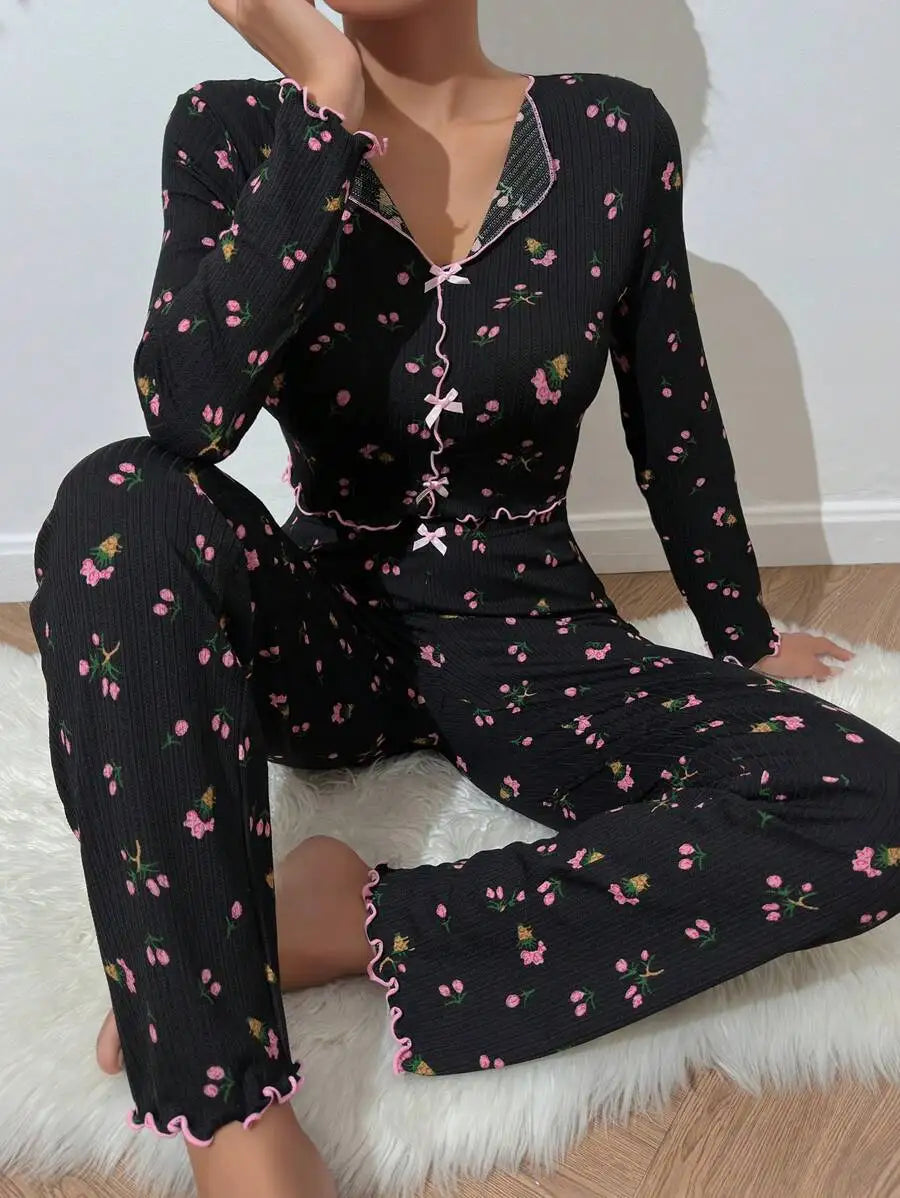 Women Floral Print Pajama Sets Long Sleeve Shirts+Pants Female Casual Home Clothes Spring Autumn Sleepwear Bow Nightwear Suits