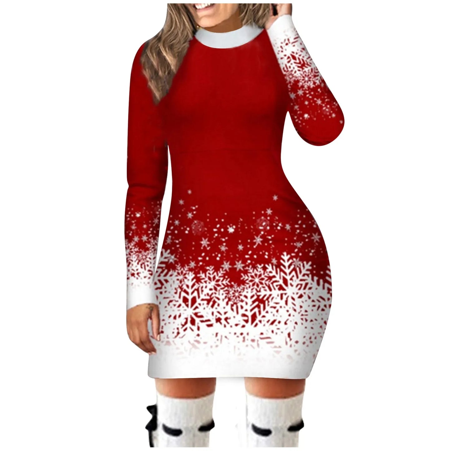 Women's Christmas Dress Hip Wrap Slim Fit Autumn Winter 2024 Dresses Round Neck Snowflake Printed Long-sleeved Party Clothes