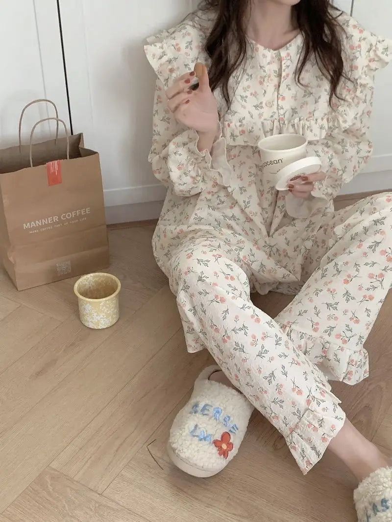 Floral Print Women Pajama Suit Fashion Ruffles Sleepwear Autumn Long Sleeve Sets for Women 2 Pieces Korean Piiama Pants 2023 New - GOMARRD