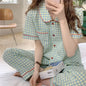 Spring Summer Floral Women Short Sleeves Pajamas Trousers Plaid 2 Piece Sets Leisure Home Clothes Various Colors Available - GOMARRD