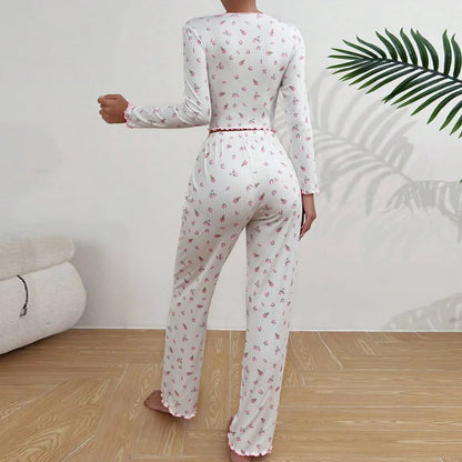 Women Floral Print Pajama Sets Long Sleeve Shirts+Pants Female Casual Home Clothes Spring Autumn Sleepwear Bow Nightwear Suits