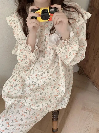 Floral Print Women Pajama Suit Fashion Ruffles Sleepwear Autumn Long Sleeve Sets for Women 2 Pieces Korean Piiama Pants 2023 New - GOMARRD