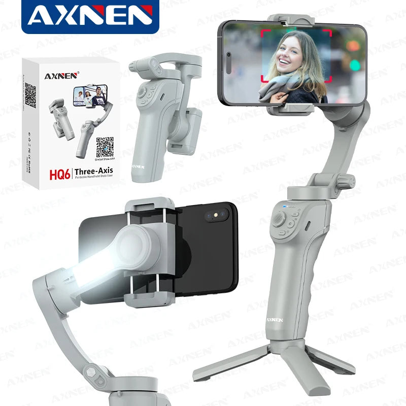 HQ6 3-Axis Gimbal Handheld Stabilizer for Cellphone, with Fill Light, Face Tracking, for Android iPhone Anti Shake Video Record