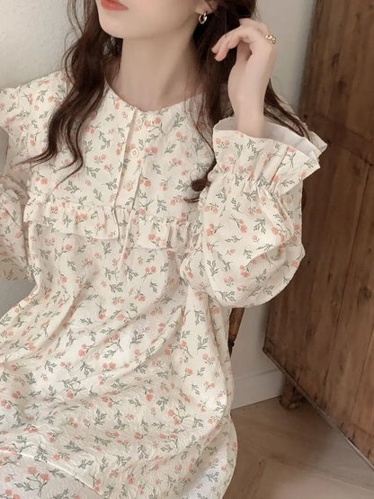 Floral Print Women Pajama Suit Fashion Ruffles Sleepwear Autumn Long Sleeve Sets for Women 2 Pieces Korean Piiama Pants 2023 New - GOMARRD