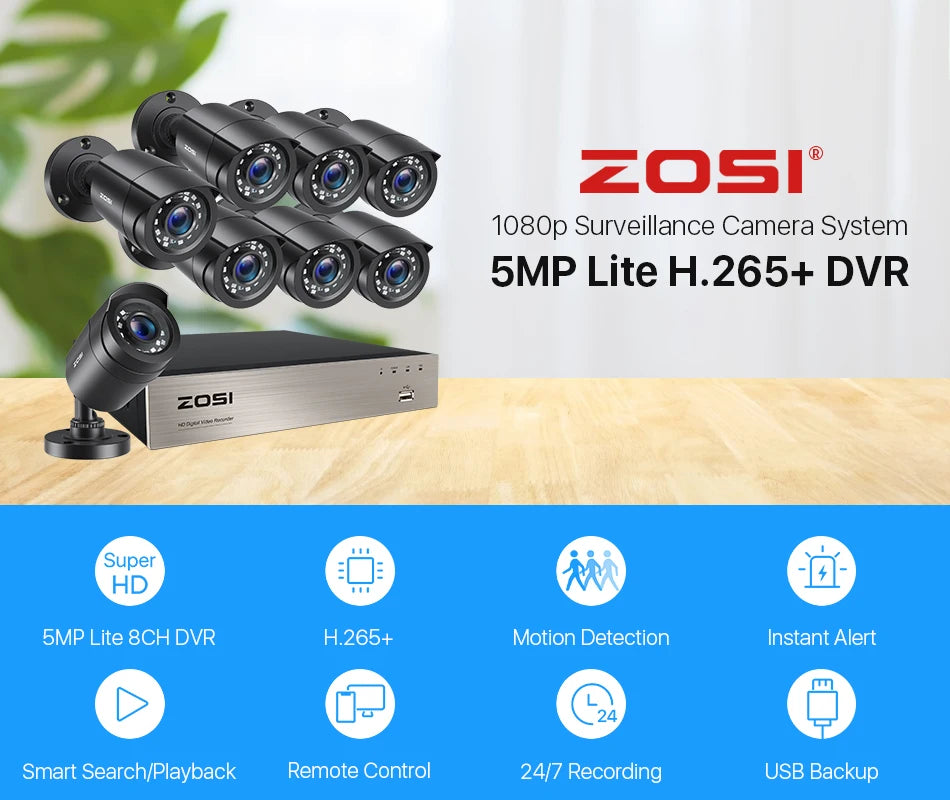 ZOSI 8CH Wired CCTV System 5MP Lite HD-TVI DVR 8 1080p 2MP Home Security Outdoor Night Vision Camera Video Surveillance Kit - GOMARRD