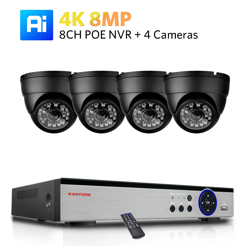 KANTURE 8CH 4K CCTV Camera System 8MP Ai Human Detection Indoor Outdoor Dome POE Ip Camera Night Vision Video Surveillance Kit