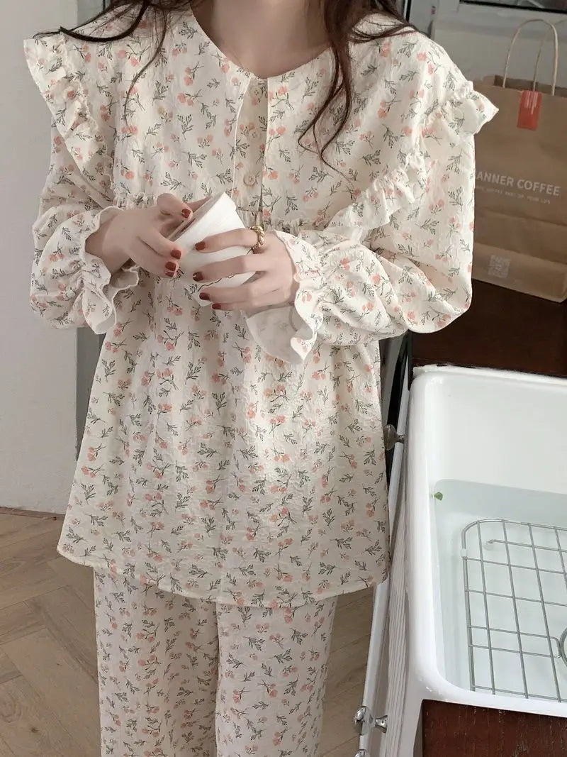 Floral Print Women Pajama Suit Fashion Ruffles Sleepwear Autumn Long Sleeve Sets for Women 2 Pieces Korean Piiama Pants 2023 New - GOMARRD