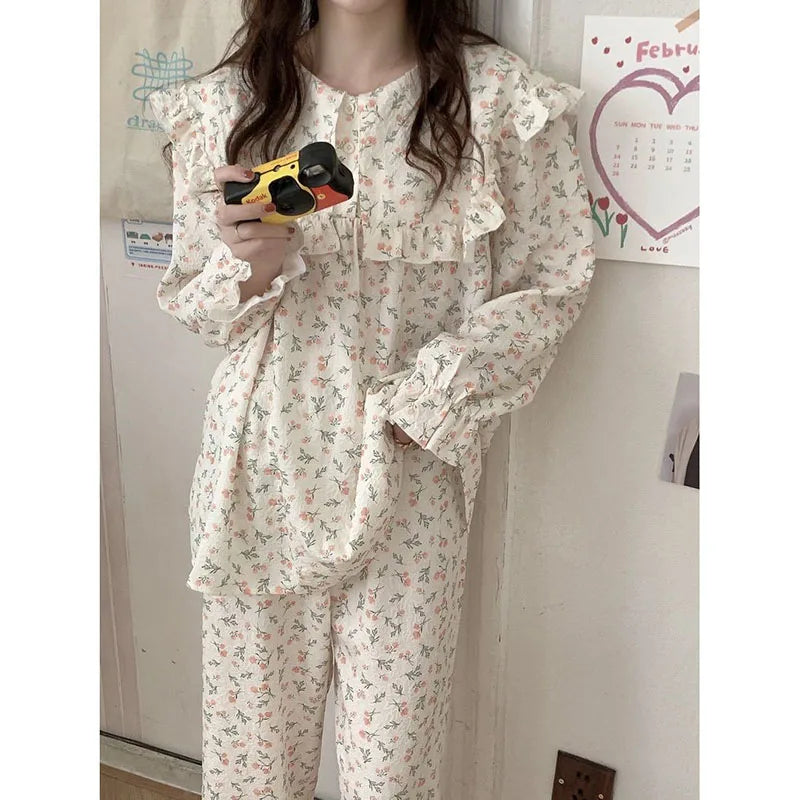 Floral Print Women Pajama Suit Fashion Ruffles Sleepwear Autumn Long Sleeve Sets for Women 2 Pieces Korean Piiama Pants 2023 New - GOMARRD