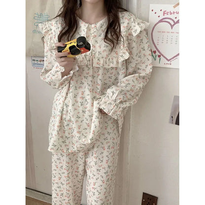 Floral Print Women Pajama Suit Fashion Ruffles Sleepwear Autumn Long Sleeve Sets for Women 2 Pieces Korean Piiama Pants 2023 New - GOMARRD