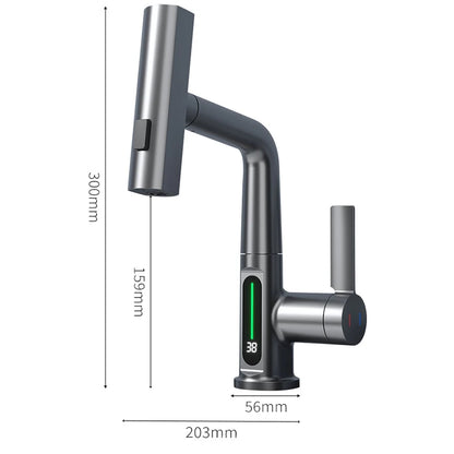 Waterfall Basin Faucet Pull-Out Kitchen & Bathroom Faucet Rainfall Temperature Digital Display No Battery SUS604 Stainless Steel - GOMARRD