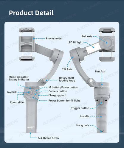 HQ6 3-Axis Gimbal Handheld Stabilizer for Cellphone, with Fill Light, Face Tracking, for Android iPhone Anti Shake Video Record