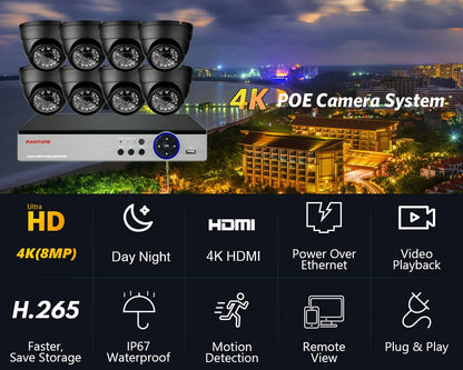 KANTURE 8CH 4K CCTV Camera System 8MP Ai Human Detection Indoor Outdoor Dome POE Ip Camera Night Vision Video Surveillance Kit