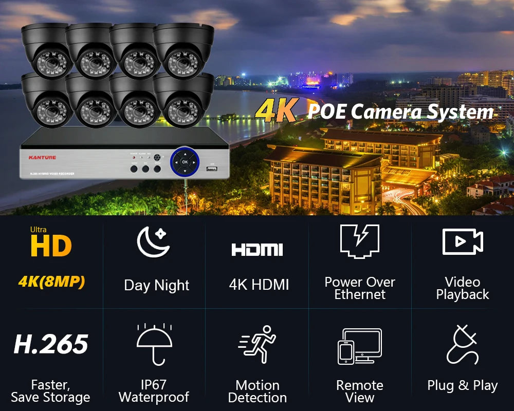 KANTURE 8CH 4K CCTV Camera System 8MP Ai Human Detection Indoor Outdoor Dome POE Ip Camera Night Vision Video Surveillance Kit - GOMARRD