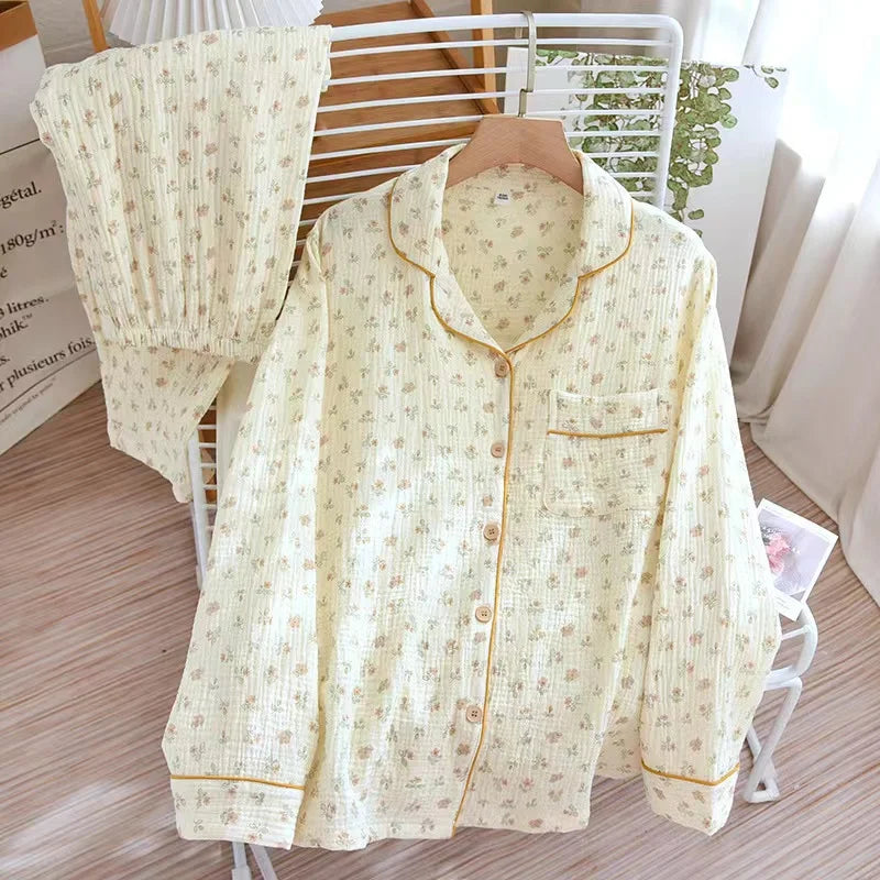 2023 Women Pajamas 2-Piece Set 100% Cotton Gauze long sleeved pants Floral Print Pajamas Homewear Ladies Pajamas Women Sleepwear - GOMARRD