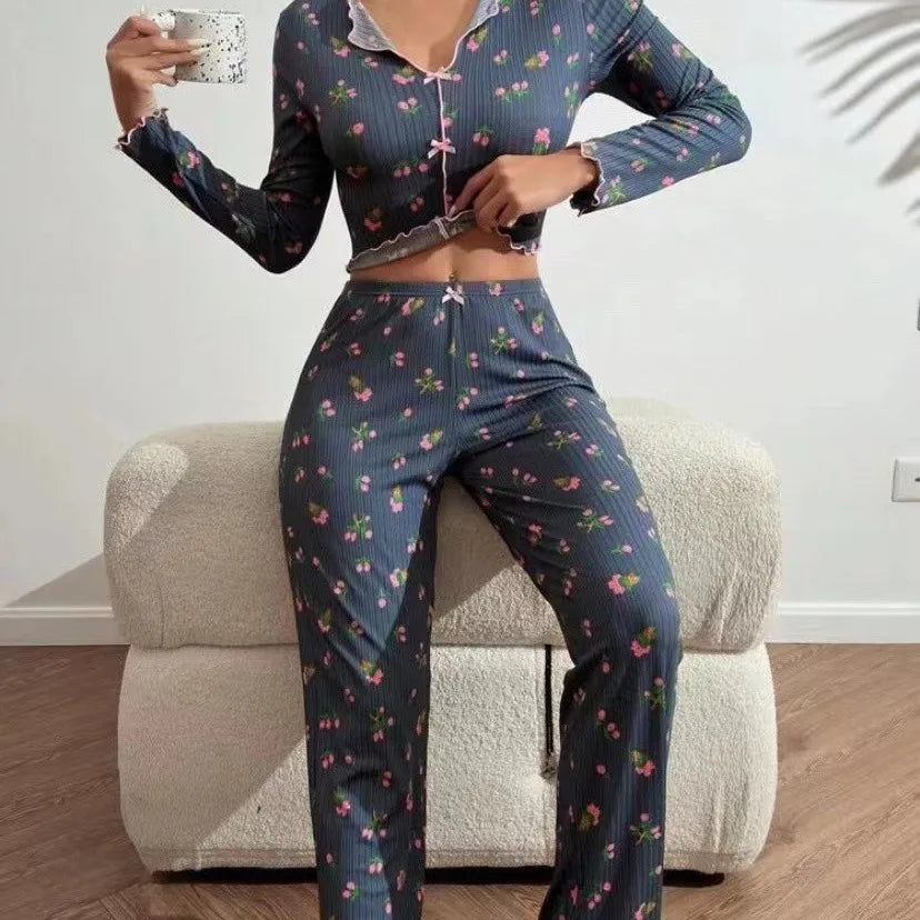 Women Floral Print Pajama Sets Long Sleeve Shirts+Pants Female Casual Home Clothes Spring Autumn Sleepwear Bow Nightwear Suits