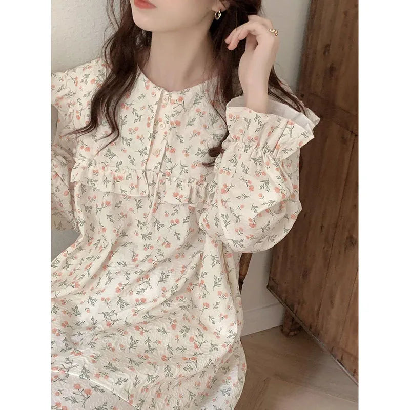 Floral Print Women Pajama Suit Fashion Ruffles Sleepwear Autumn Long Sleeve Sets for Women 2 Pieces Korean Piiama Pants 2023 New - GOMARRD