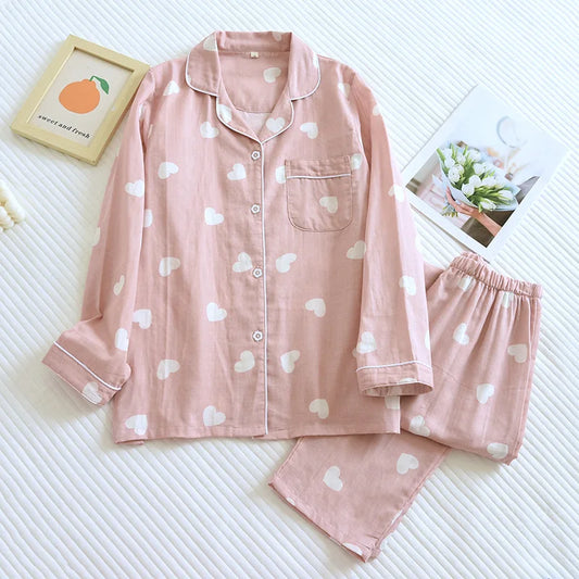 New Spring and Autumn Pajama Set Women's 100% Cotton Long Sleeve Pants Two Piece Love Lovely Sweet Home Furnishing Set - GOMARRD