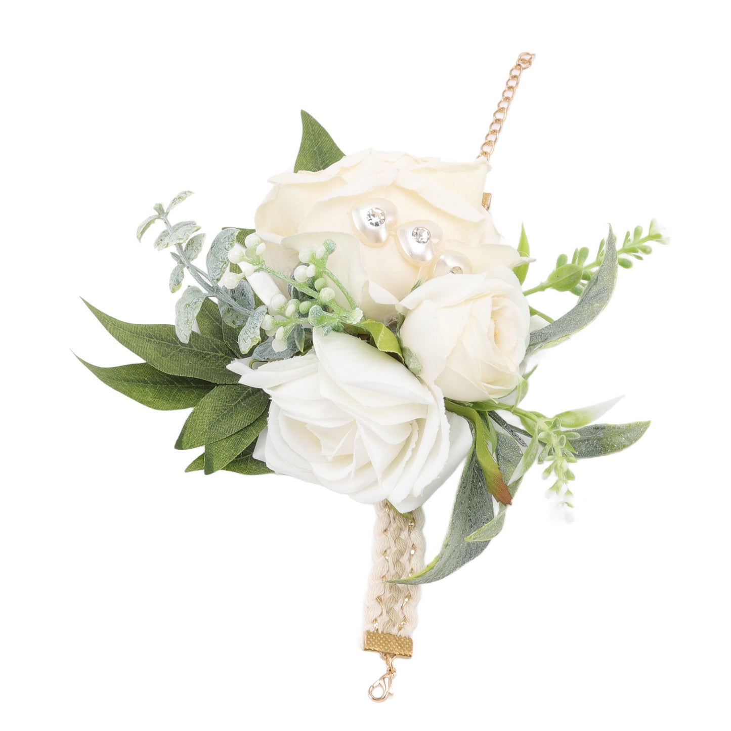 Wrist Corsages for Wedding Bride Wrist Flower Decorative White Roses and Green Leaves for Prom Party