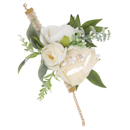 Wrist Corsages for Wedding Bride Wrist Flower Decorative White Roses and Green Leaves for Prom Party