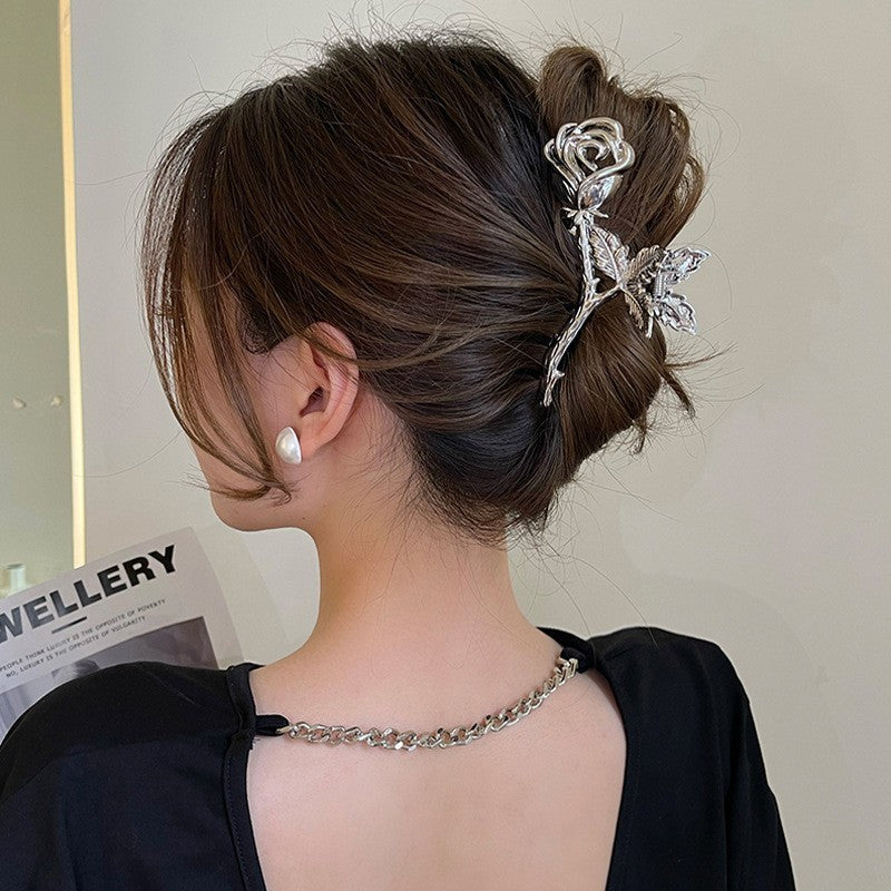 French Niche Design Temperament Silver Metal Rose Grip Clip Women's Back Of The Head Plate Hair Clip