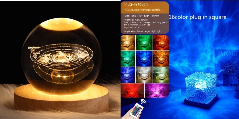 LED Water Ripple Ambient Night Light USB Rotating Projection Crystal Table Lamp RGB Dimmable Home Decoration 16 Color Gifts