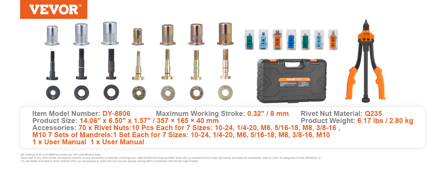 VEVOR 14" 16" Rivet Nut Tool Rivnut Tool Kit with Metric and SAE Mandrels 70PCS/186PCS Rivet Nuts With Rugged Carrying Case - GOMARRD