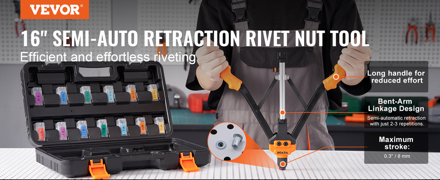 VEVOR 14" 16" Rivet Nut Tool Rivnut Tool Kit with Metric and SAE Mandrels 70PCS/186PCS Rivet Nuts With Rugged Carrying Case